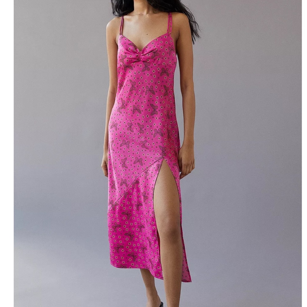Urban Outfitters Satin Samira Fuchsia Butterfly Midi Slip Dress Size Medium